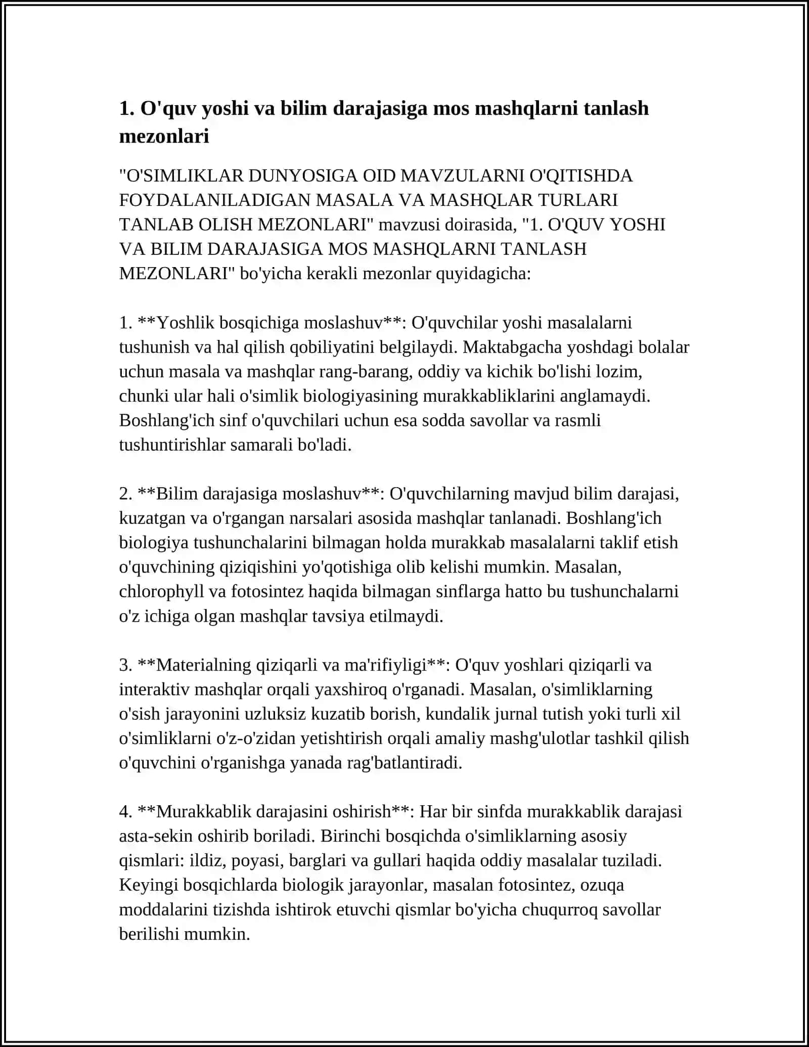 O'SIMLIKLAR DUNYOSIGA OID MAVZULARNI O'QITISHDA FOYDALANILADIGAN MASALA VA MASHQLAR TURLARI TANLAB OLISH MEZONLARI 4