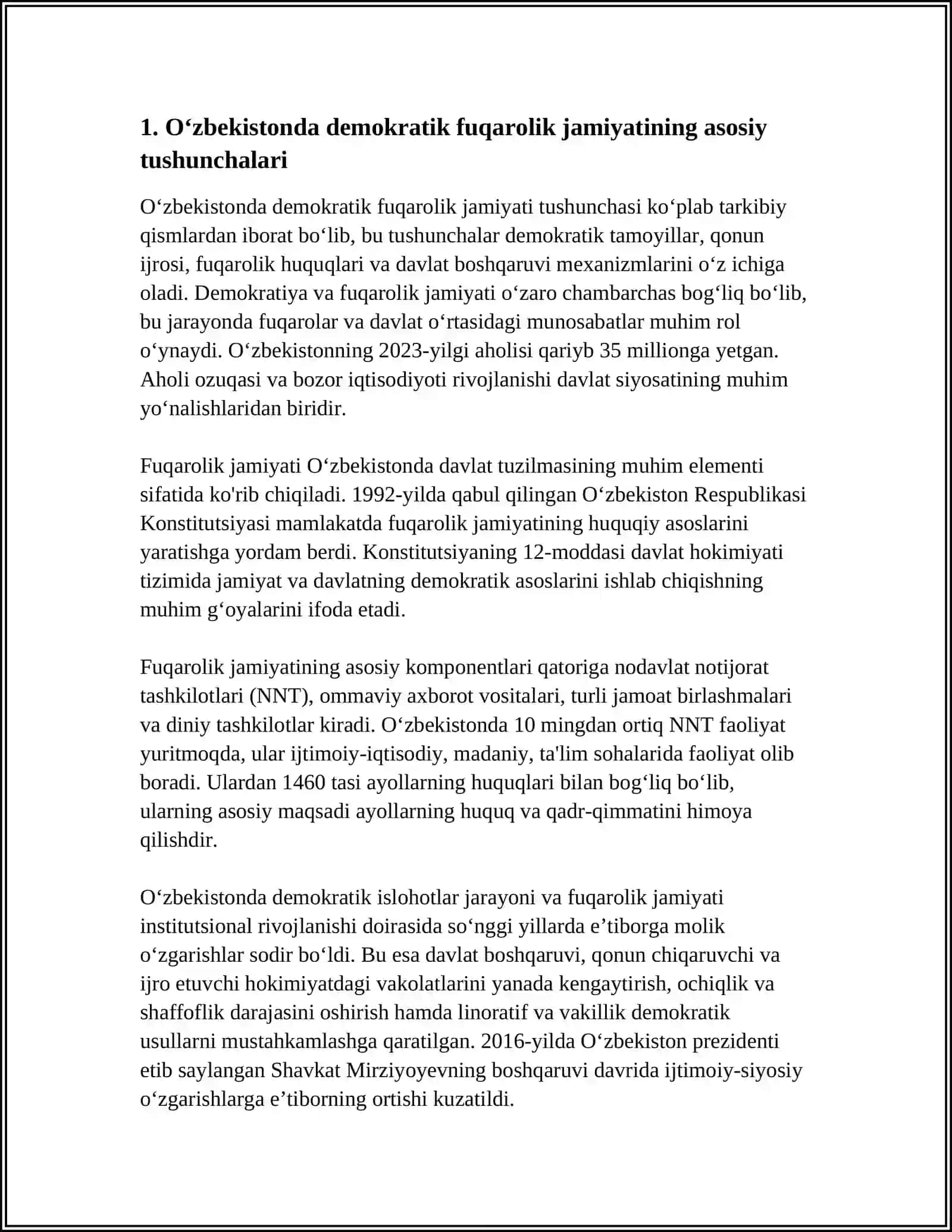 Oʻzbekistonda Demokratik Fuqarolik Jamiyati Asoslarining Shakllanishi, Amalga Oshirilgan Siyosiy Ishlohlar Referat 4