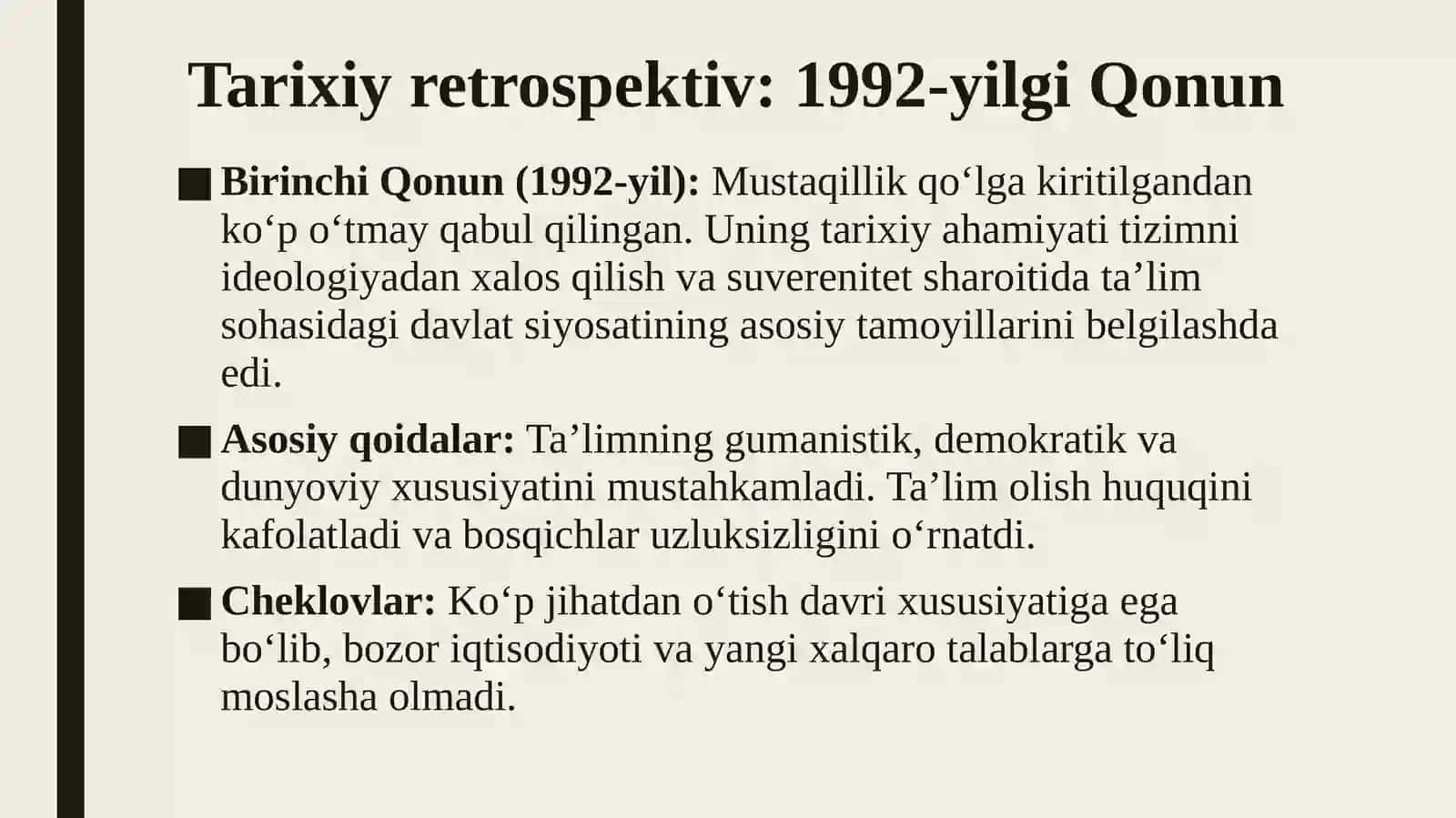 Ta'lim to'g'risidagi qonun qabul qilinishining tarixiy ahamiyati 4