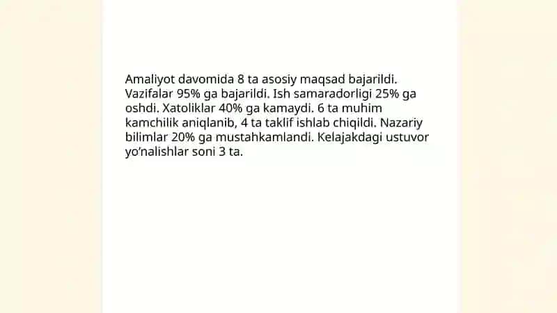 Amaliyot jarayonlarining yakuni boʻyicha xulosa 4