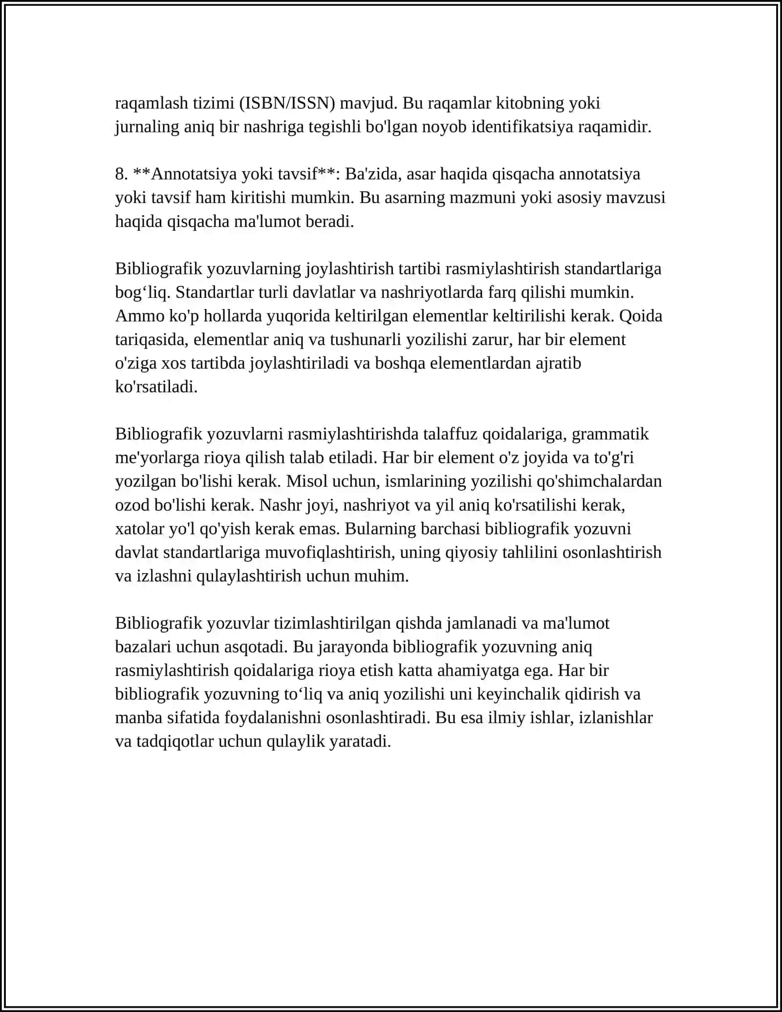 "BIBLIOGRAFIK YOZUVLARNI FORMATLASHTIRISH VA RASMIYLASHTIRISH TALABALARI" 4