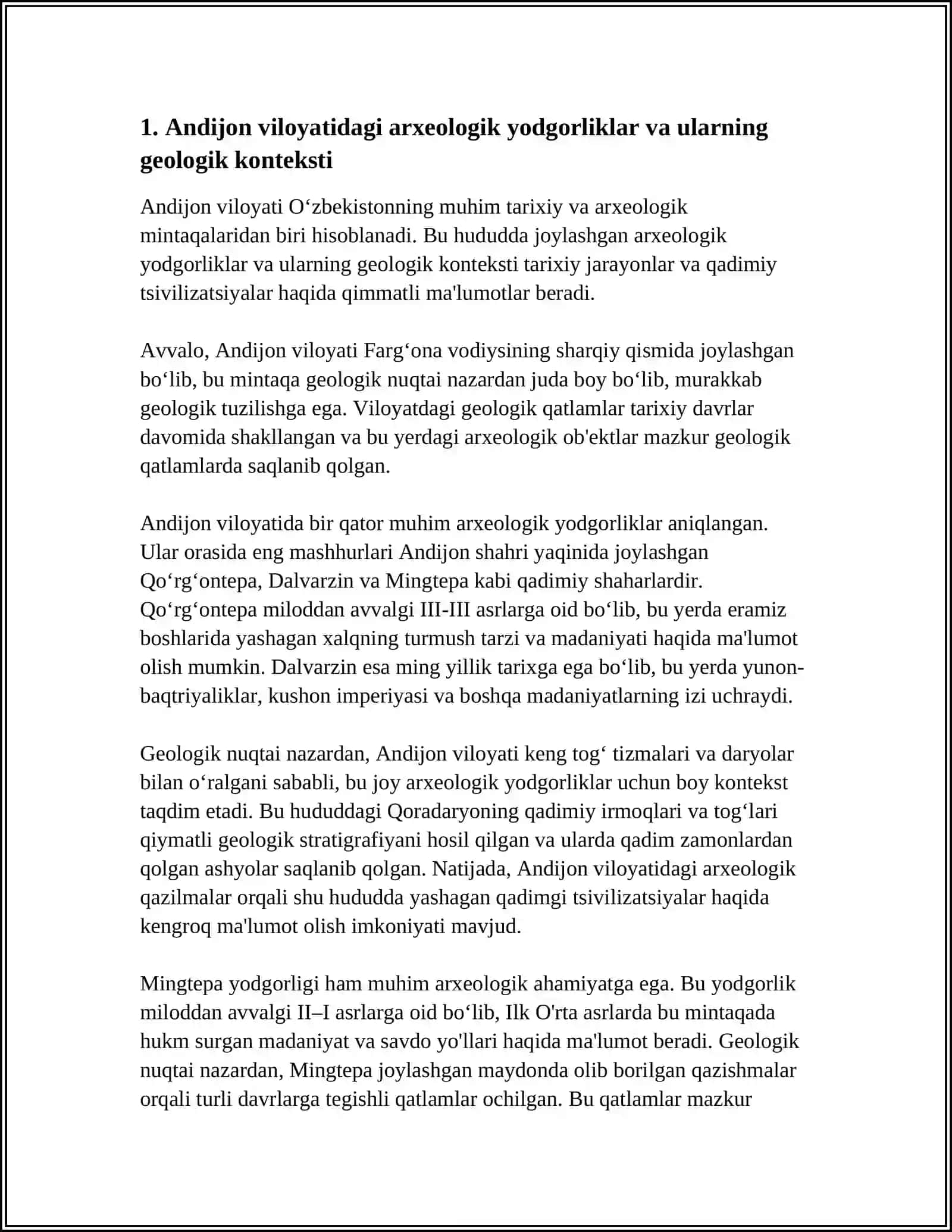 ANDIJON VILOYATI ARXEOLOGIK MANZILGOHLAR VA YODGORLIKLAR, TOG' JINSLARI, CHO'KINDI JINSLARI VA YER QATLAMLARI 4