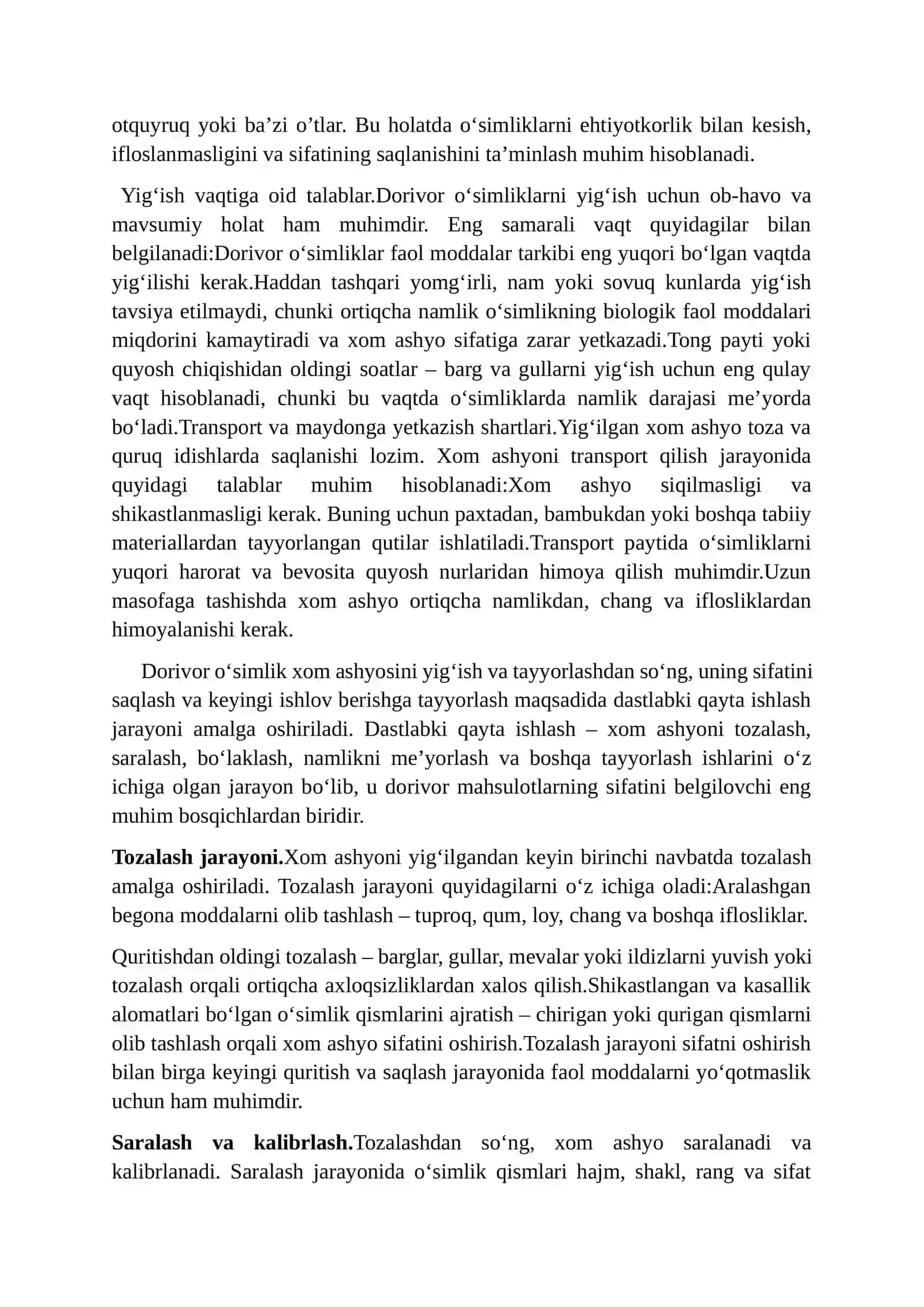 Dorivor o'simlik maxsulotlarini dastlabki qayta ishlash va saqlashni tashlik qilish 4