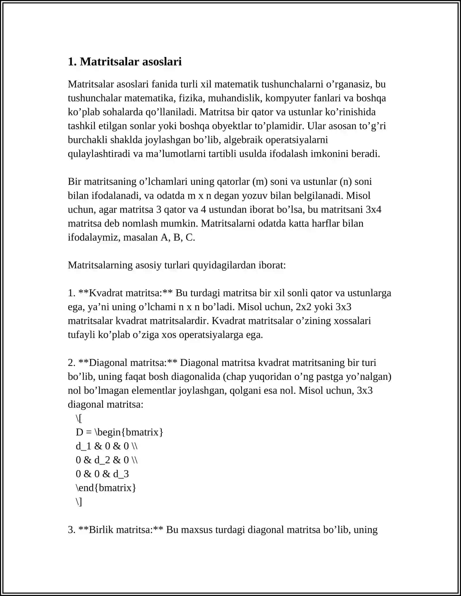 MATRITSA VA DETERMINANTLAR. CHIZIQLI TENGLAMALAR SISTEMASI. VEKTORLAR VA ANALITIK GEOMETRIYA ELEMENTLARI 4
