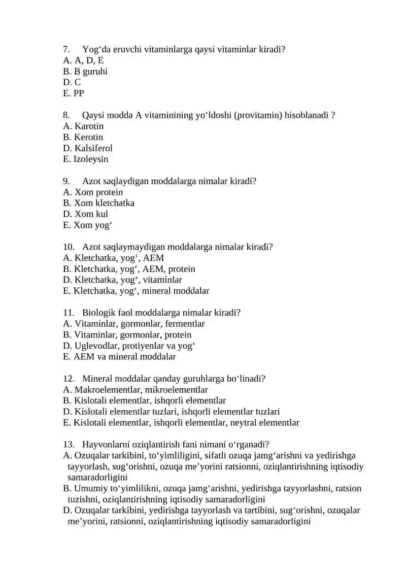 HAYVONLARNI OZIQLANTIRISH fanidan yakuniy test savollari 4