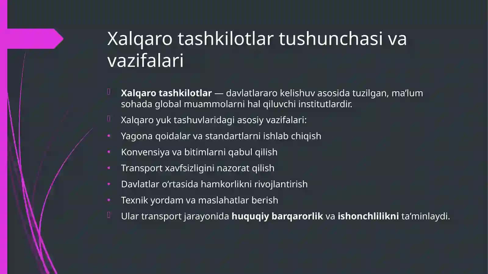 Хаlqаrо yuk tаshuvlаrinitаrtibgаsоlishdа хаlqаrо tаshkilоtlаrning o‘rni 4