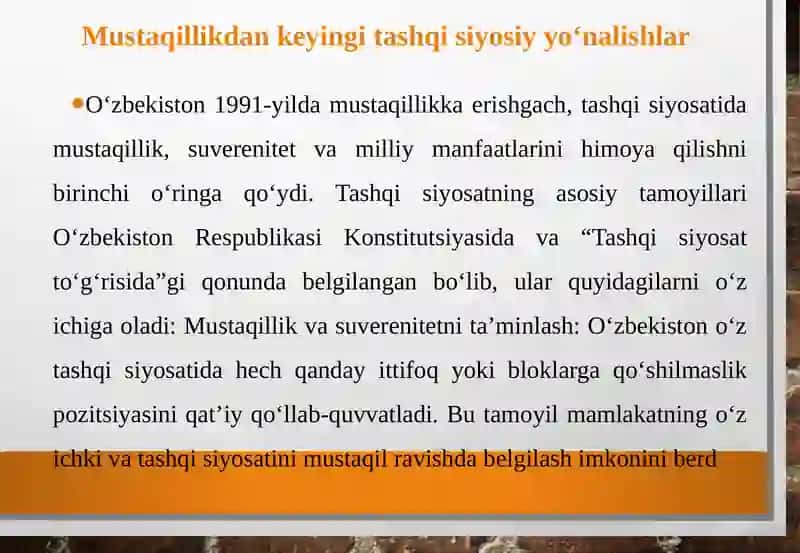 O‘zbekistonning Markaziy Osiyodagi tinchlik va barqarorlik ni ta‘minlashdagi o‘rni 4