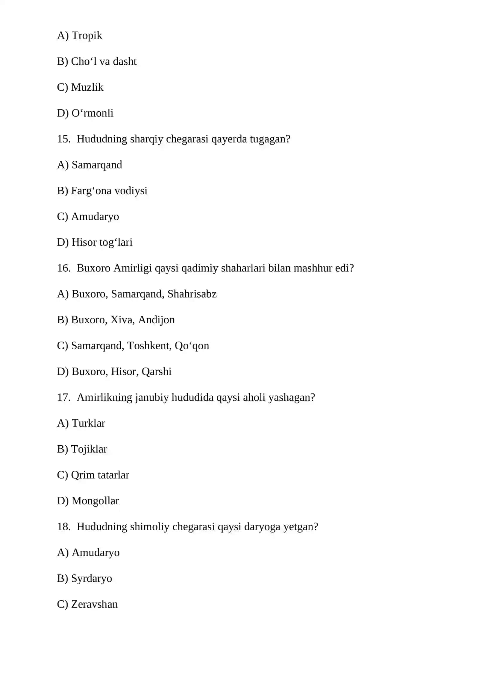Buxoro Amirligining siyosiy tarixi Amirlikning hududi maʼmuriy tuzilishi va aholisi boʻyicha testlar (40 ta) 4