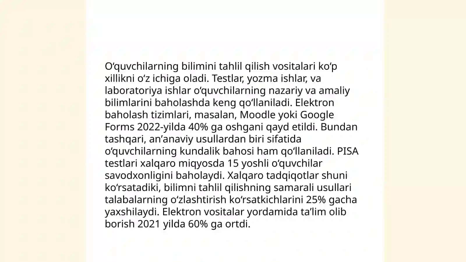 Muayyan mavzular asosida o'quvchilar bilimini nazorat qilish va baxolash uchun topshiriqlar tizimini ishlab chiqish 4