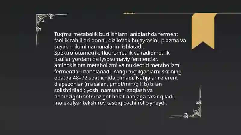 Biokimyoviy usul. Tibbiy genetikada qōllaniladigan biokimyoviy tahlil 4