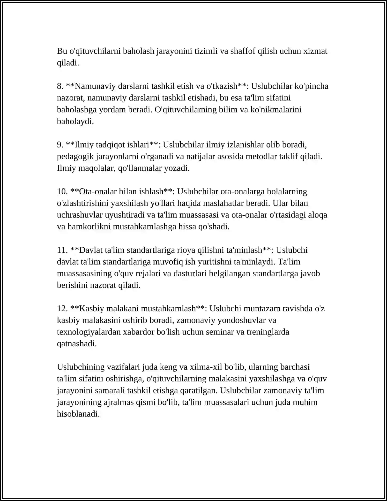 MUSTAQIL ISH Mavzu: MAKTABGACHA TALIM TASHKILOTNING USLUBCHI VA TARBIYACHISINING KASBIY VAZIFALARI 4