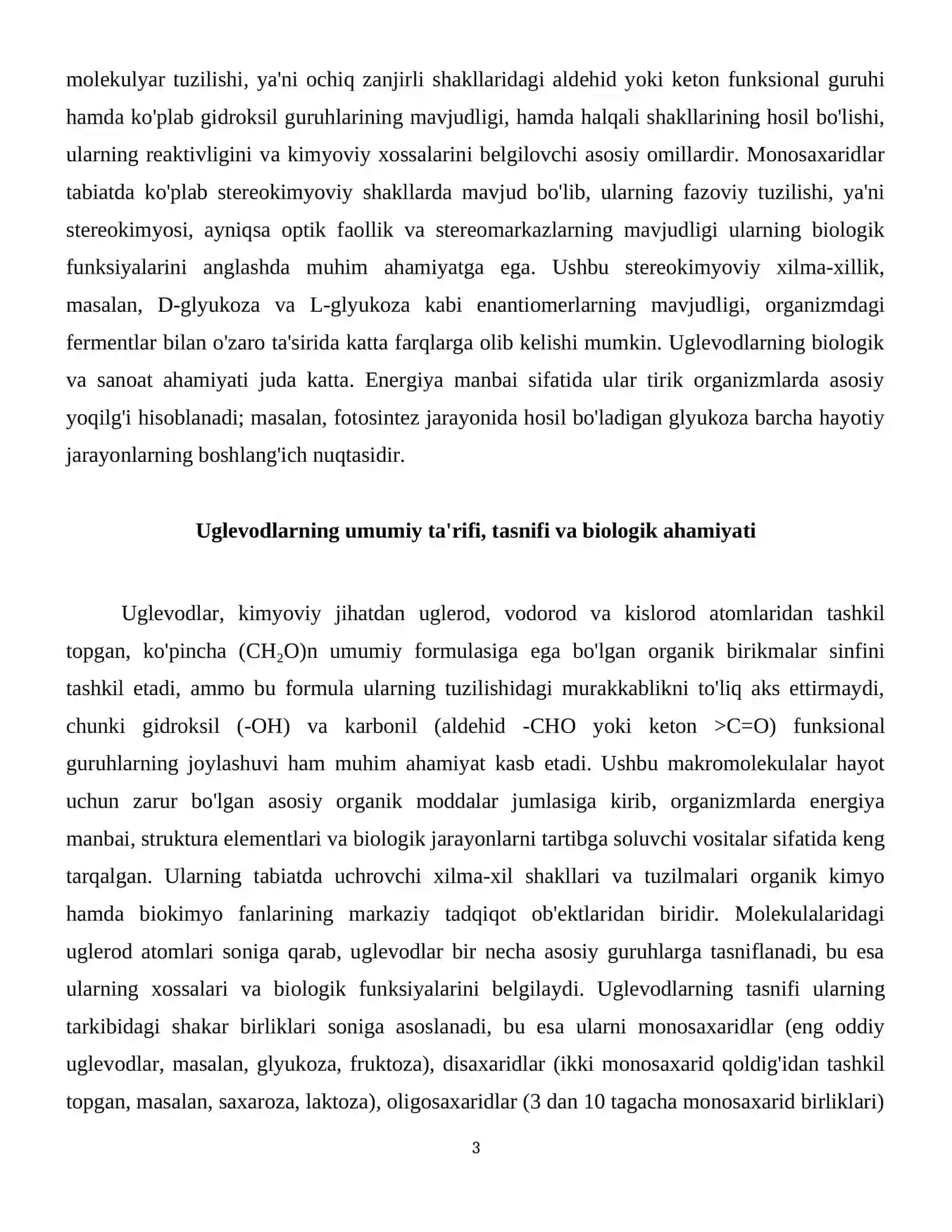 Monosaxaridlarning tuzilishini va fazoviy izomerlarini aniqlashda qo‘llaniladigan reaksiyalar. Di- va polisaxaridlar. Uglevodlarning tabiatda uchrashi va ularning ahamiyati. 4