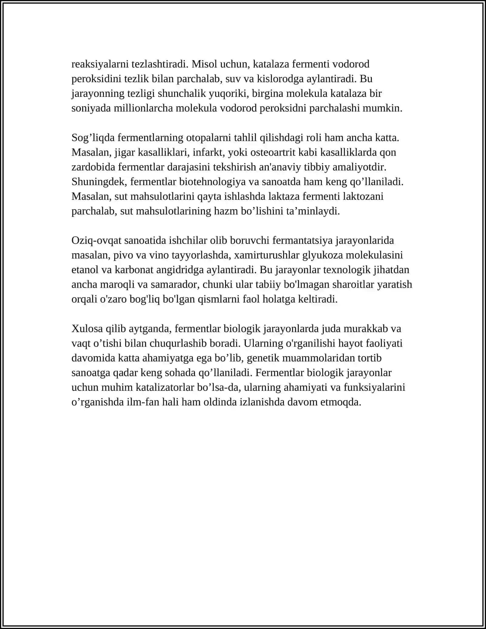 BIOLOGIK JARAYONLARDA FERMENTLARNING AHAMIYATI VA FERMENTATIVE REAKSIYALARNING TEZLIGINI ANIQLASH 4