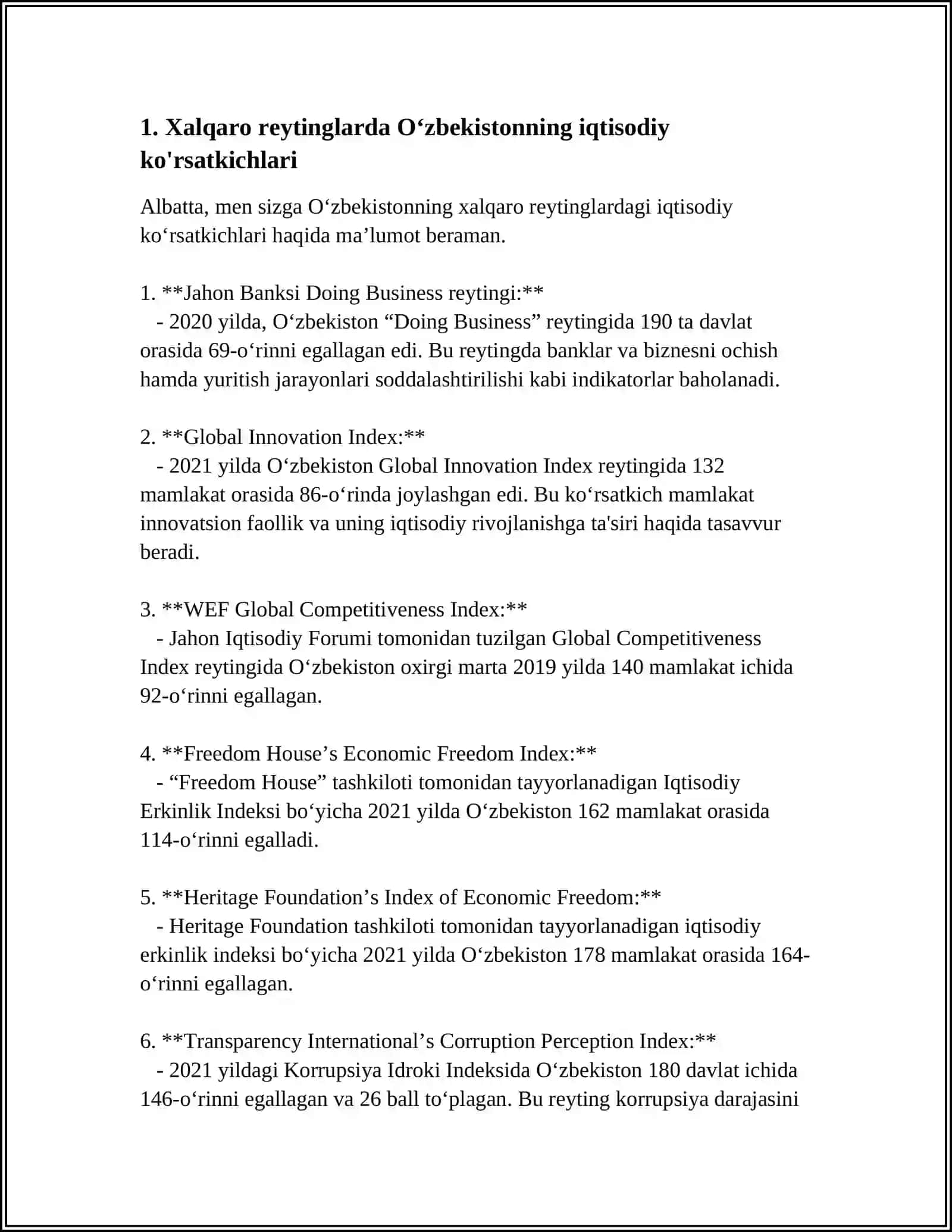 О‘ZBEKISTON RESPUBLIKASINING XALQARO REYTING VA INDEKSLARDAGI О‘RNI VA NUFUZINING ORTIB BORISHI 4