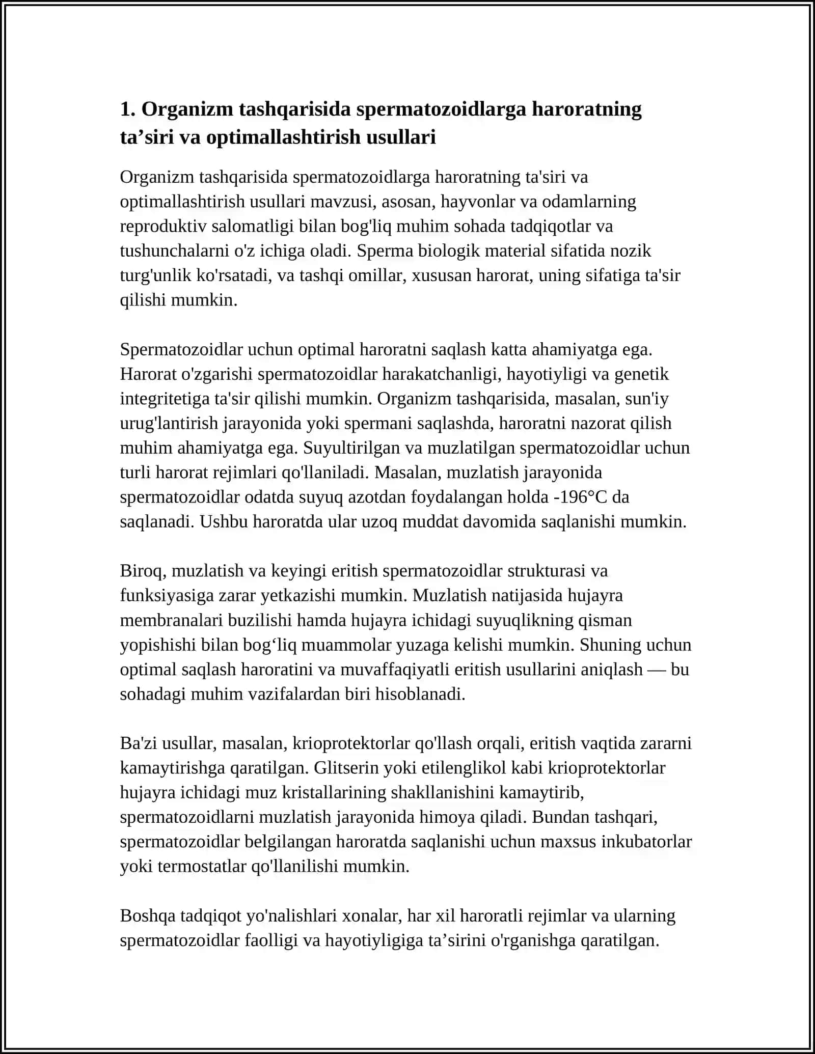 ORGANIZMDAN TASHQARIDA SPERMATOZOIDLARGA TASHQI OMILLARNING TAʼSIRI. BIYA VA QOʻYLARDA MURTAKNI KOʻCHIRISH USULLARI. TUGʻISHGA HALAQIT BERUVCHI MAJRUXLIK VA NUQSONLAR.BACHADON GRIJASI. SUT BEZINI EKSTIRPATSIYASI 4