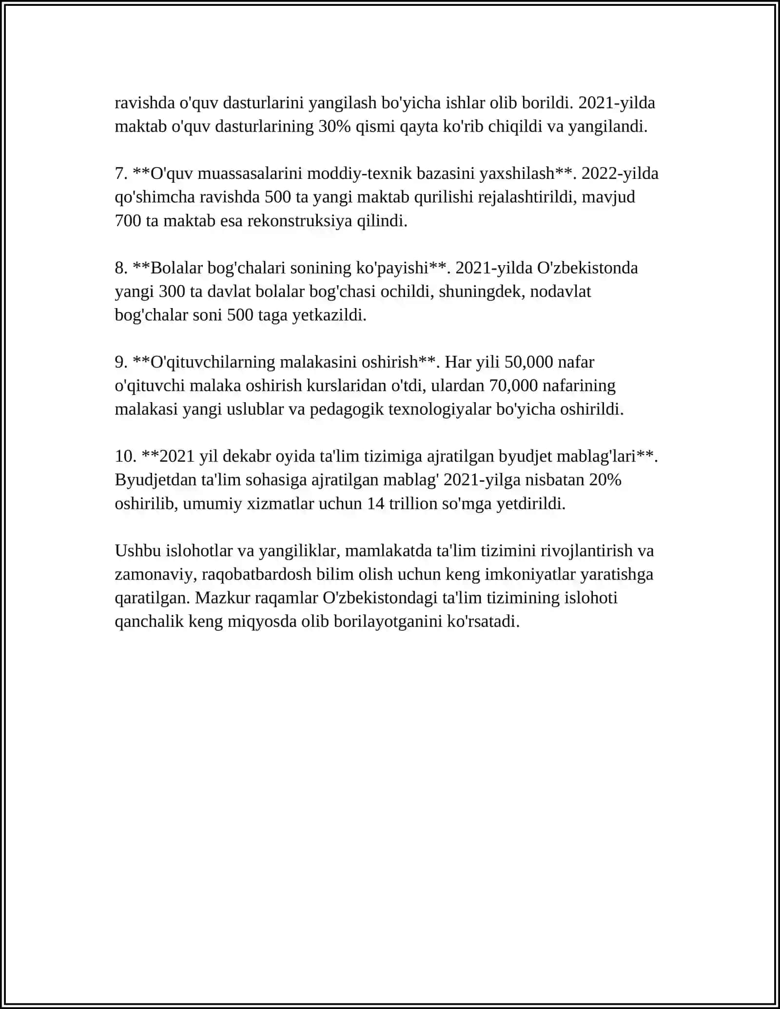 O'ZBEKISTONDA IJTIMOIY SOXADA AMALGA OSHIRILAYOTGAN O'ZGARISHLAR MAZMUN MOHIYATI: 2024-2025-o'quv yili 4