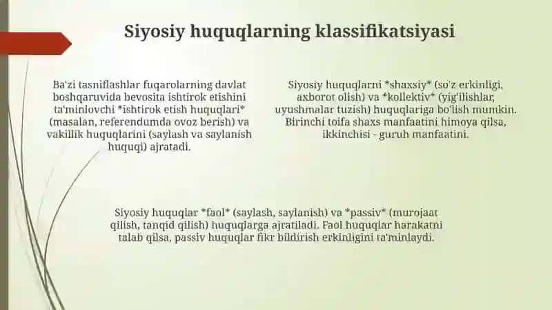 Siyosiy huquqlarning mazmuni va turlari 4