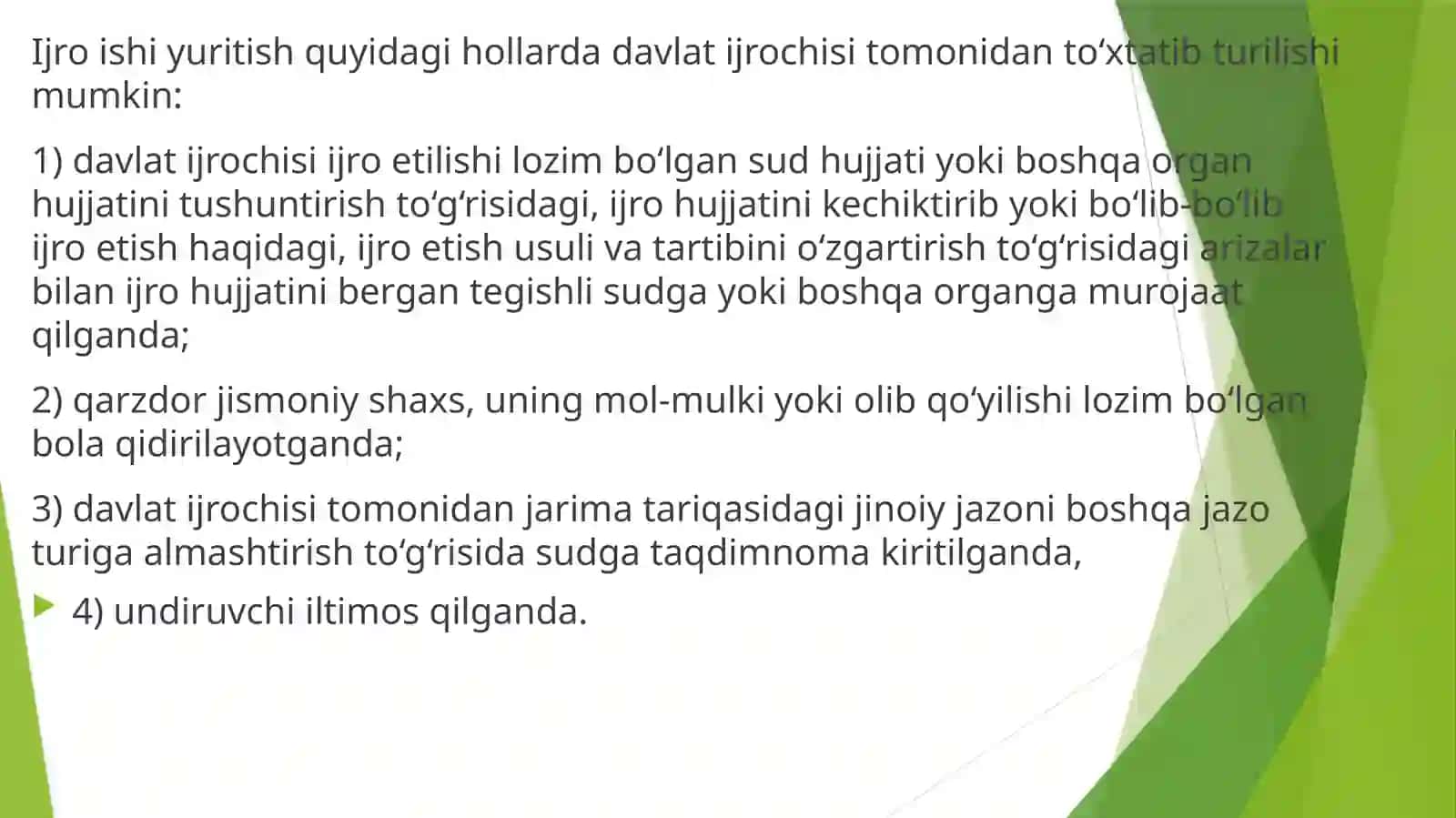 Ijro ishi yuritishni to‘xtatib turish va tugatish asoslari 4