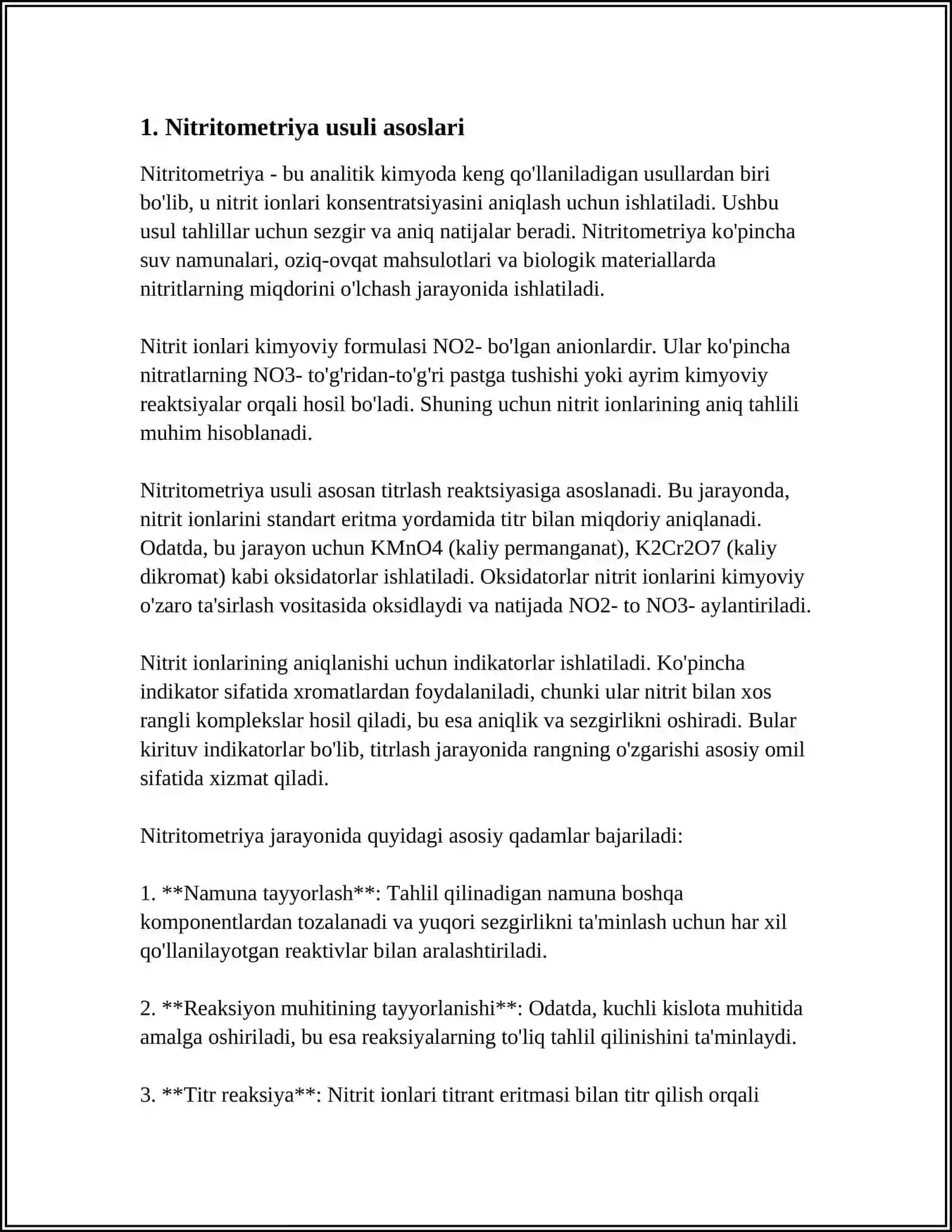 NITRITOMETRIYA USULIDA NANO2 ERITMASINI TAYYORLASH. STREPTOTSIDNI MASSASINI ANIQLASH 4
