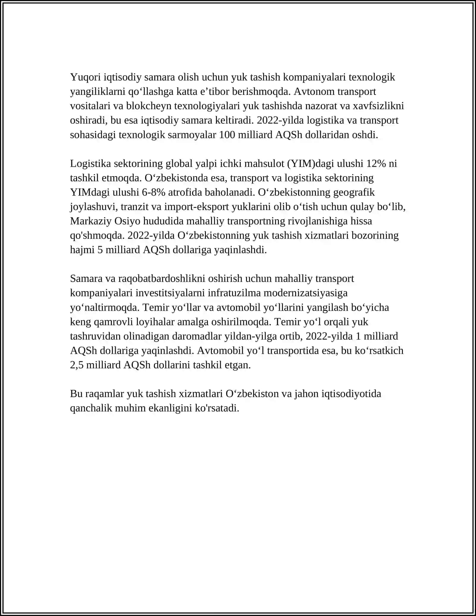 TEMIR YO‘LDA YUK VA YO‘LOVCHI TASHISH JARAYONINI TASHKIL ETISH VA REJALASHTIRISH. YUK TASHISH IQTISODIYOTI 4