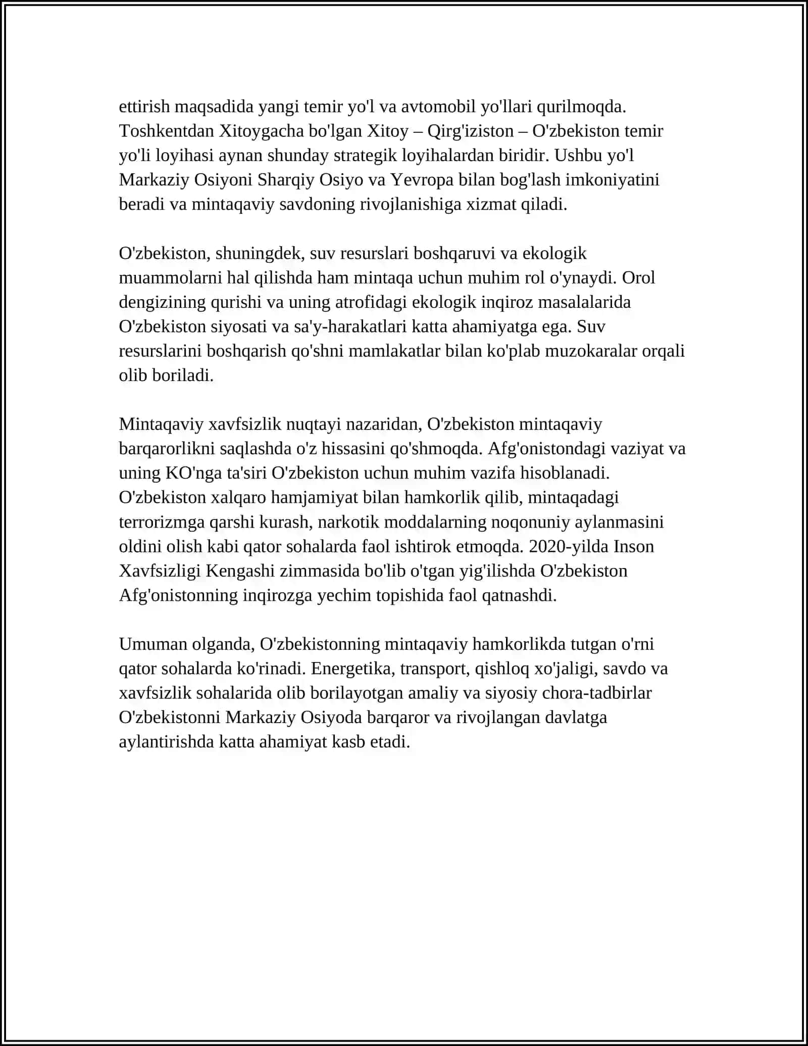 O'ZBEKISTONNING MARKAZIY OSIYODA TINCHLIK VA BARQARORLIKNI 8 TA'MINLASHDAGI O'RNI 4