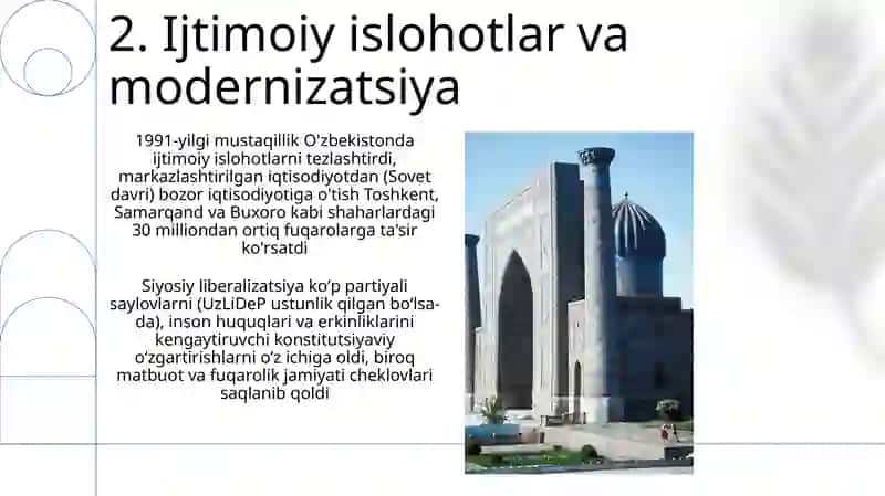 Yangi O'bekiston ijtmoyi-siyosiy iqtisodiy va madaniy hayotida ro'y bergan o'zgarishlari 4