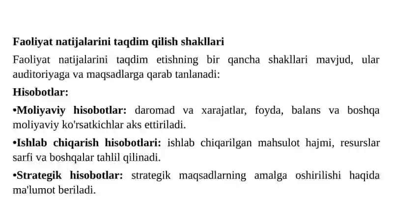 Faoliyat natijalari va ularni taqdim qilish shakllari 4