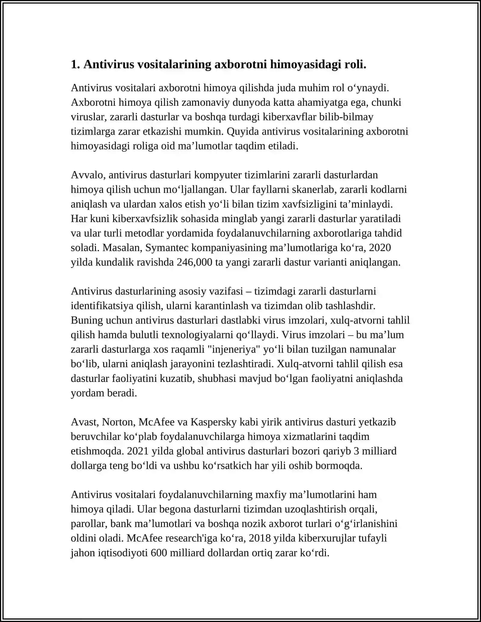 AXBOROTNI FOYDALANUVCHANLIGI TAʼMINLASHDA ANTIVIRUS, IDS, IPS, TE VOSITALARINING OʻRNI 4