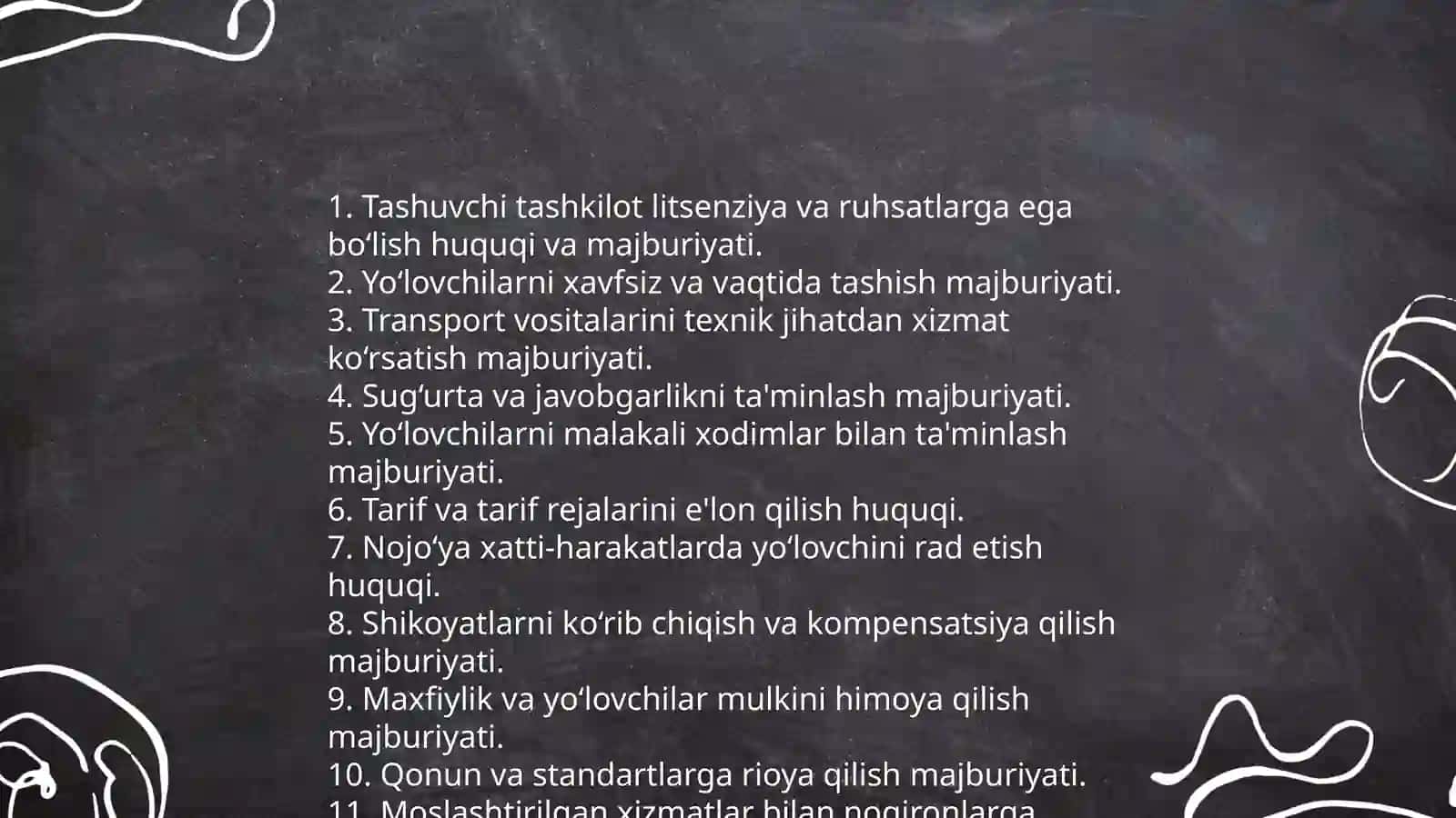 Yoʻlovchilarni tashish jarayoni qatnashchilarning huquq va majburiyatlari 4