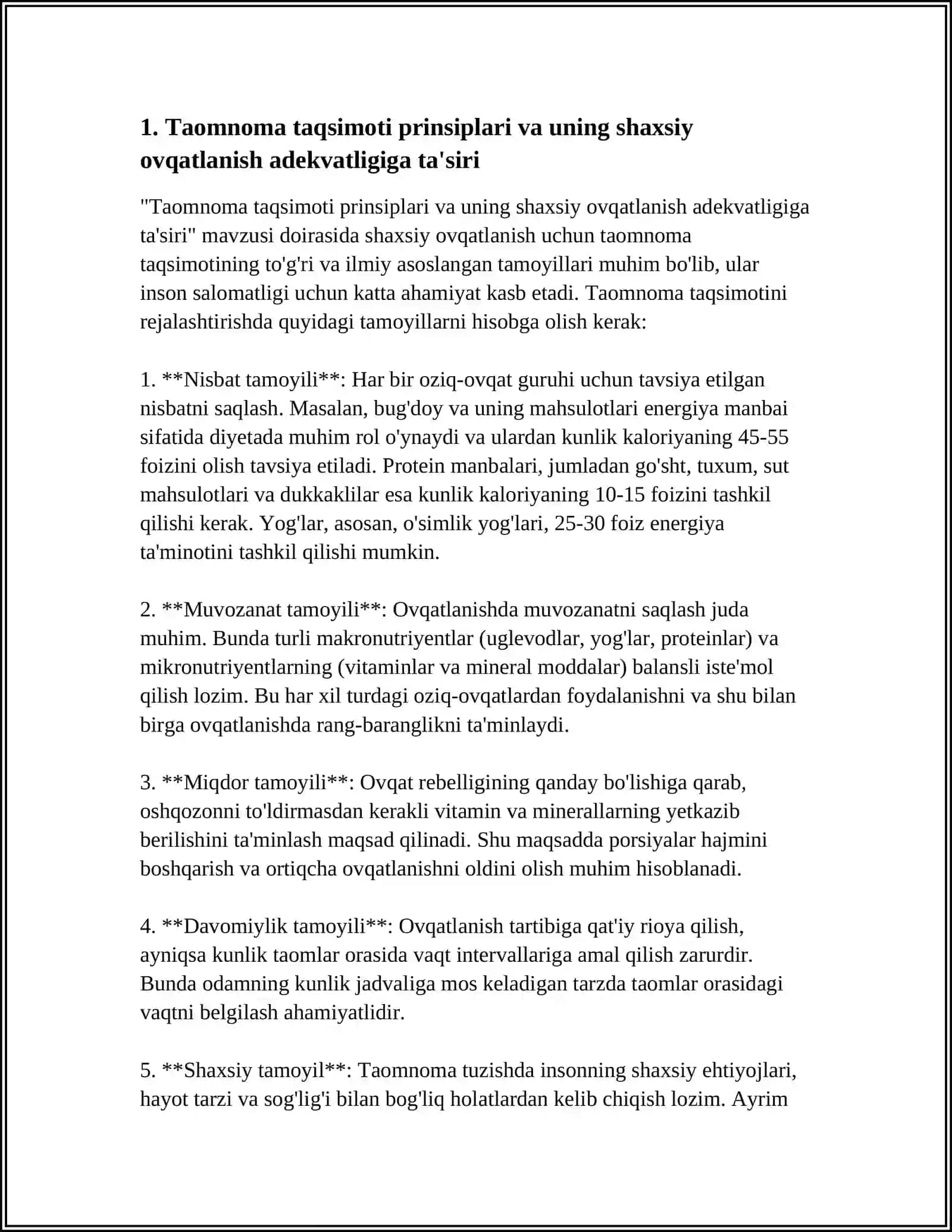 SHAXSIY OVQATLANISHNING ADEKVATLIGINI TAOMNOMA TAQSIMOTI BO'YICHA BAHOLASH 4