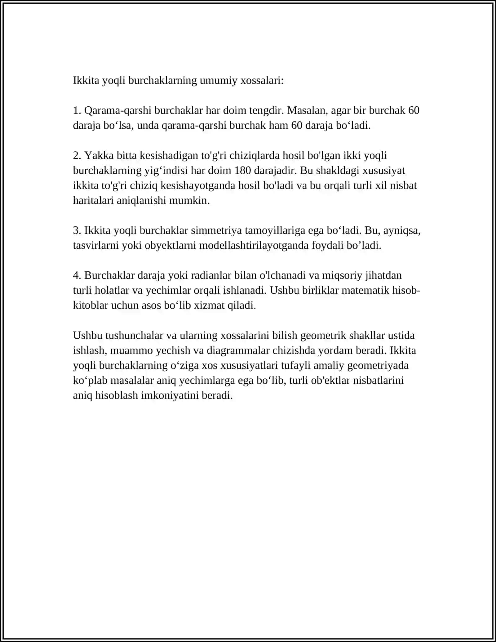 IKKI YOQLI, KOʻP YOQLI BURCHAKLAR VA ULARNING TEKIS BURCHAKLARI 4