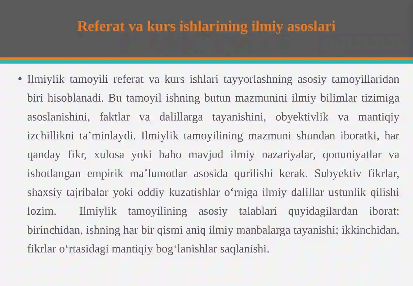 Referat va kurs ishlarini tayyorlash ilmiylik, tizimlilik va rasmiylashtirish tamoyillari. 4