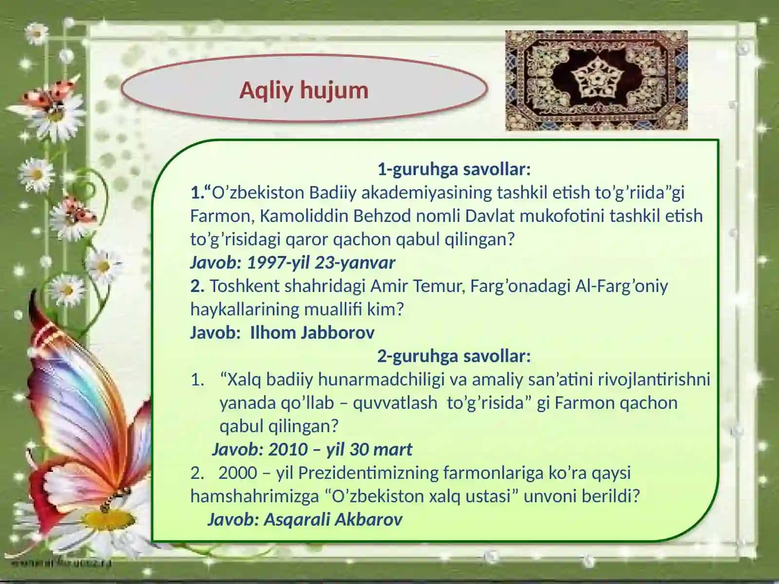 3-sinf Chizmachilik fanidan dars ishlanma. O'zbekiston amaliy bezak san'ati haqida suhbat 4