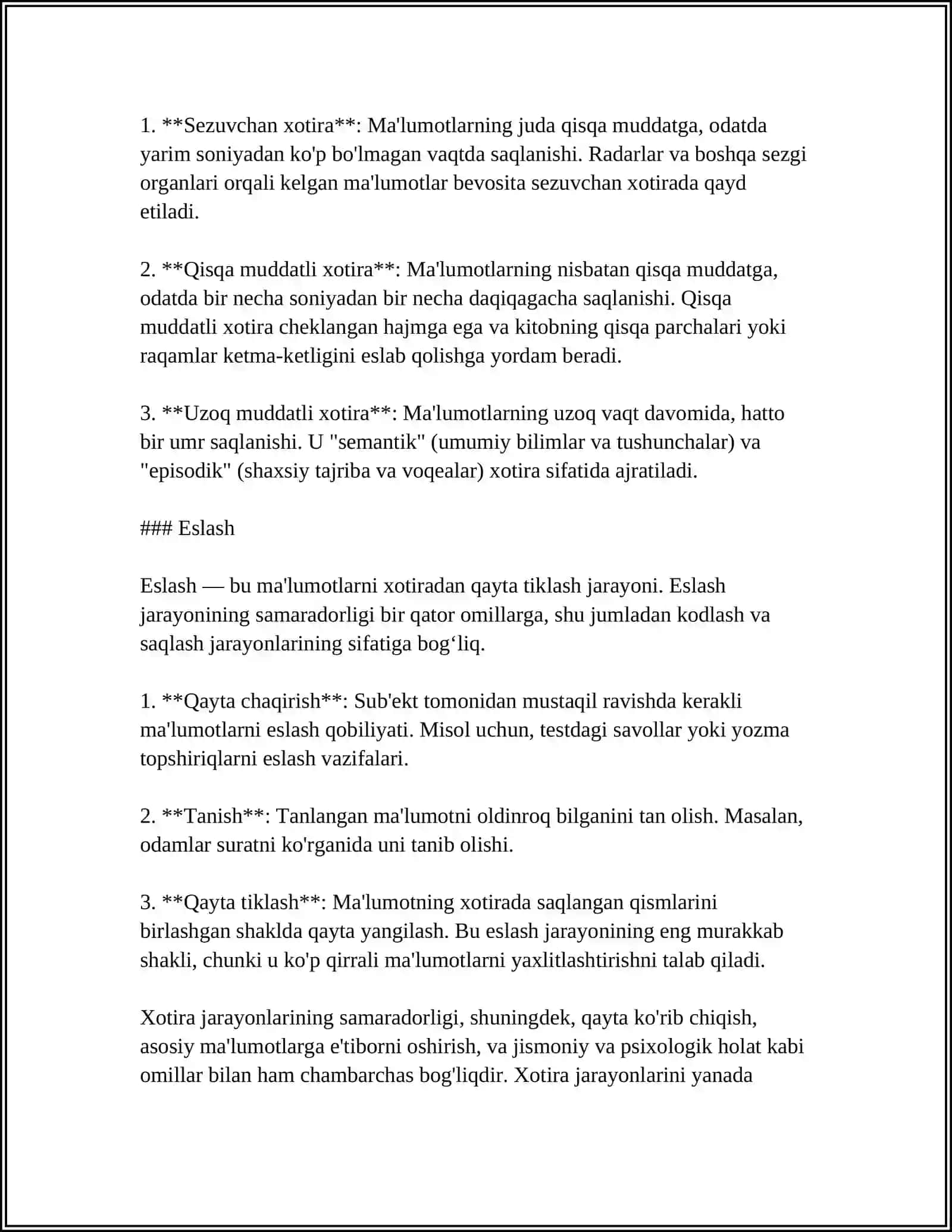 BILISH SOHASI JARAYONLARI—XOTIRA DIQQAT JARAYONLARI VA ULARNING TURLI KASALLIKLARDA BUZILISHI 4