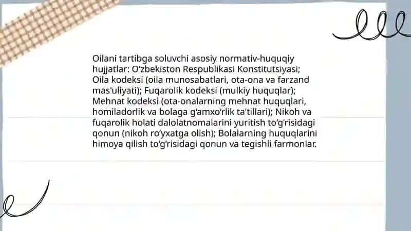 Оilaning huquqiy asoslari. Ota-onalar va farzandlarning huquq hamda burch majburiyatlari 4