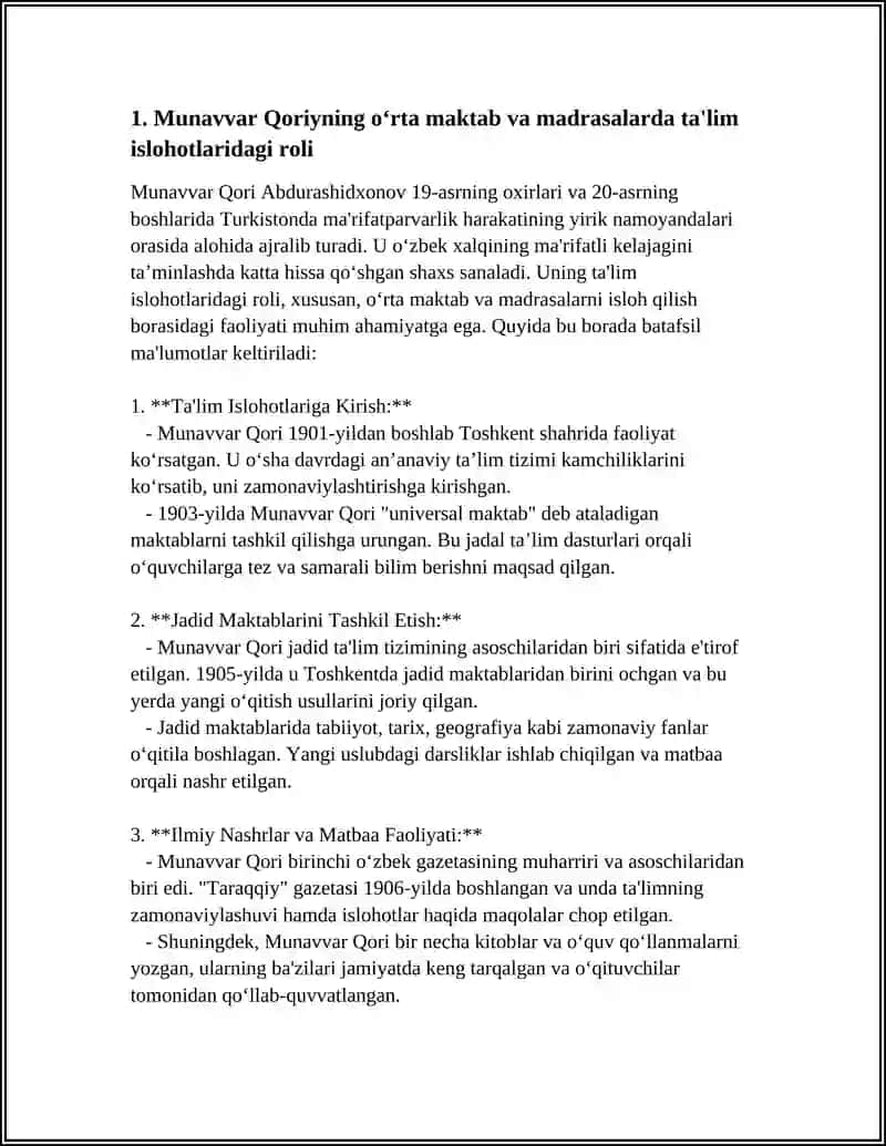 JADID MA’RIFATPARVARLARINING O’LKA IJTIMOIY-MA’NAVIY HAYOTIDA TUTGAN O’RNI. (MUNAVVAR QORI, FITRAT, BEHBUDIY, AVLONIY VA BOSHQ.) 4