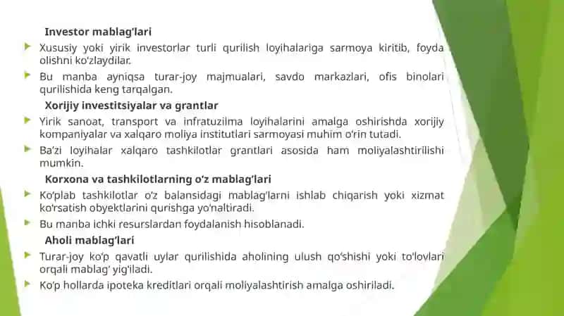 Bino va inshootlar qurilishini mablag' bilan ta'minlash manbaları va mablag bilan ta'minlovchilar o'rtasida shartnomaviy munosabatlar 4