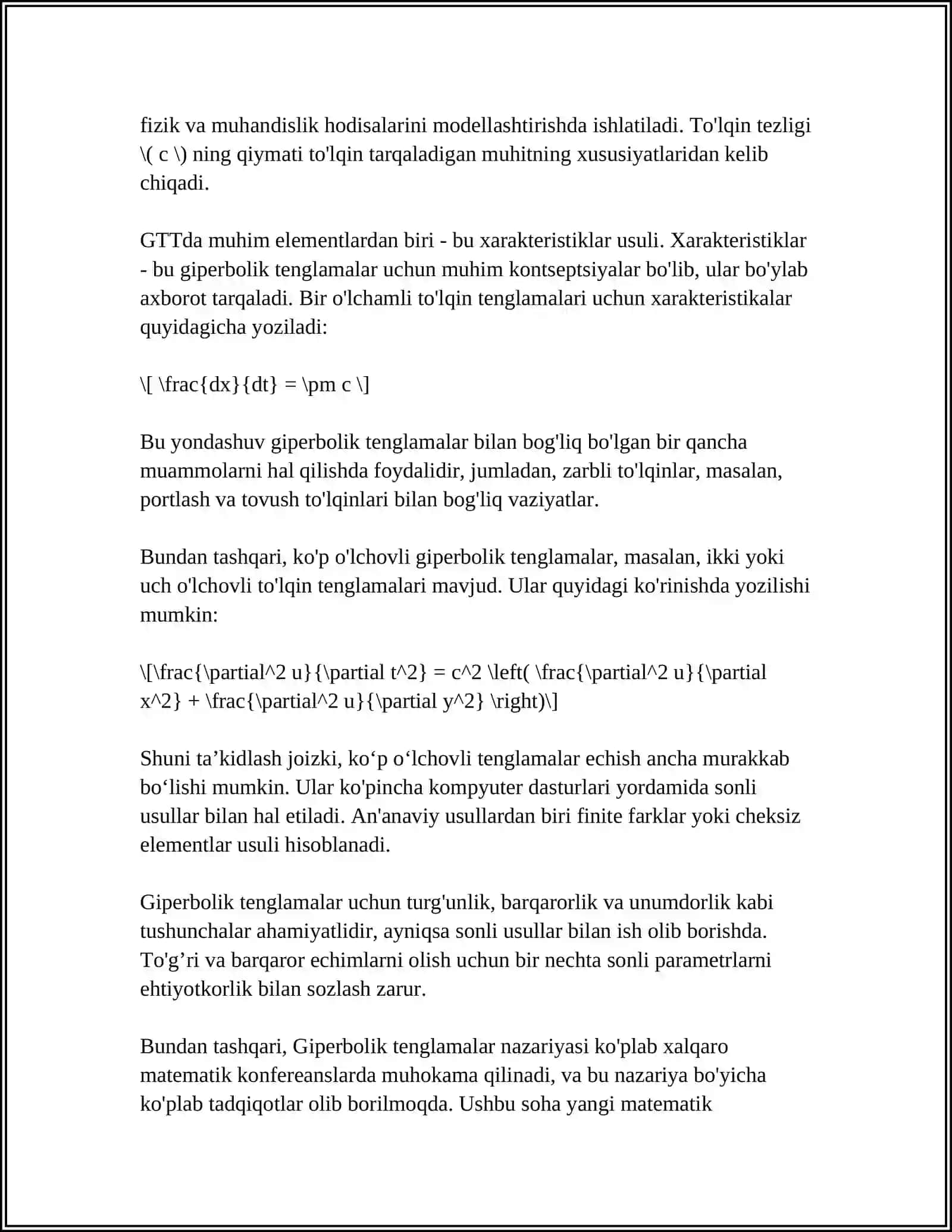GIPERBOLIK TIPDAGI TENGLAMALAR UCHUN KORREKT QO‘YILGAN MASALALAR 4