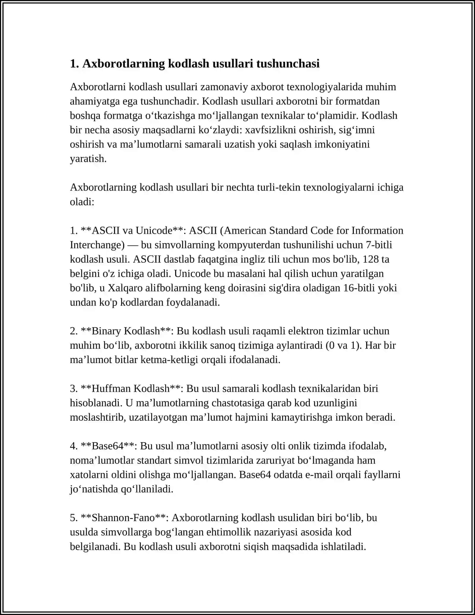 MATNLI AXBOROTLARNI KODLASH USULLARI. GRAFIK AXBOROTLAR VA ULARNI KODLASH 4