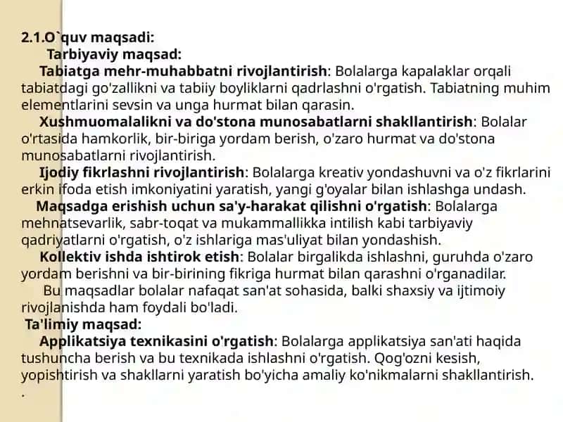 “Kapalak” applikatsiyasi mavzusida loy ishi. (oʼrta guruh) Sanʼat markazi 4