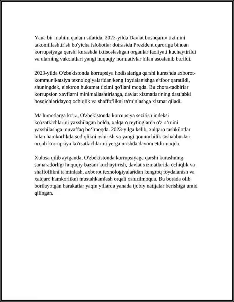 O'ZBEKISTONDA KORRUPSIYAGA QARSHI KURASH MEXANIZMLARI MAVZUSIDA ESSE TAYYORLASH 4