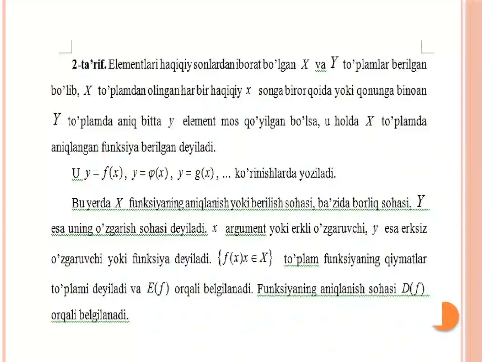 Funksiyaningta’rifi, funksiyaning berilish usullari.Funksiyaning grafigi 4