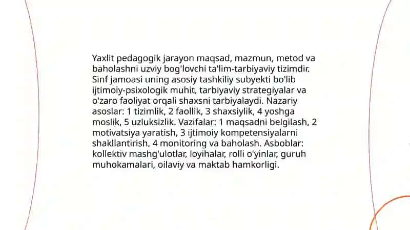 O'quvchilar jamoasi yaxlit pedagogik jarayonning asosiy shakli sinf rahbarining tarbiyaviy ishi 4