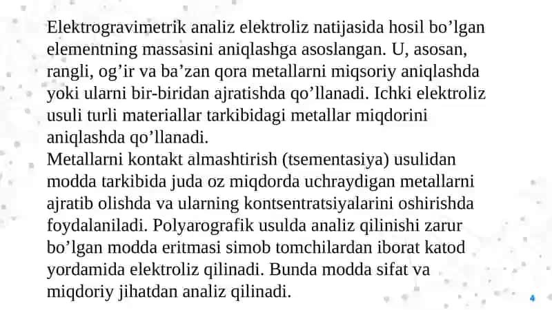 Analizning elektrokimyoviy usullariga doir misollar yechish.ELEKTROKIMYONING ASOSIY TUSHUNCHALARI. GALVANIKELEMENTLAR 4