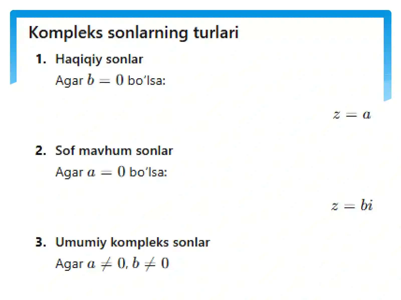 Kompleks sonlarning trigonometrik shakli, ular ustida amallar 4
