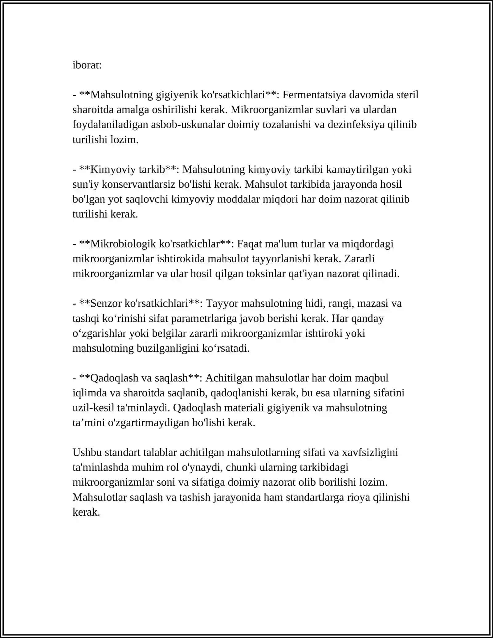 ACHITILGAN MAHSULOTLAR SIFATIGA QOʻYILGAN STANDART TALABLAR 4