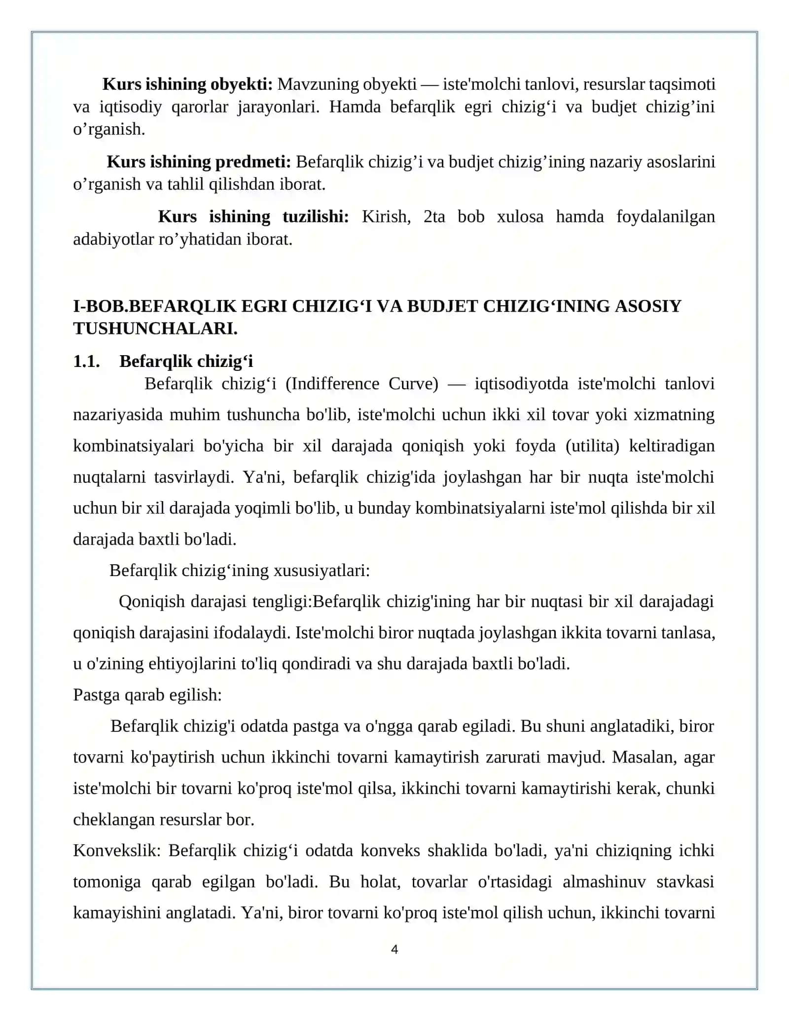 Befarqlik chizig’i va budjet chizig’ining nazariy asoslari. Kurs ishi 4