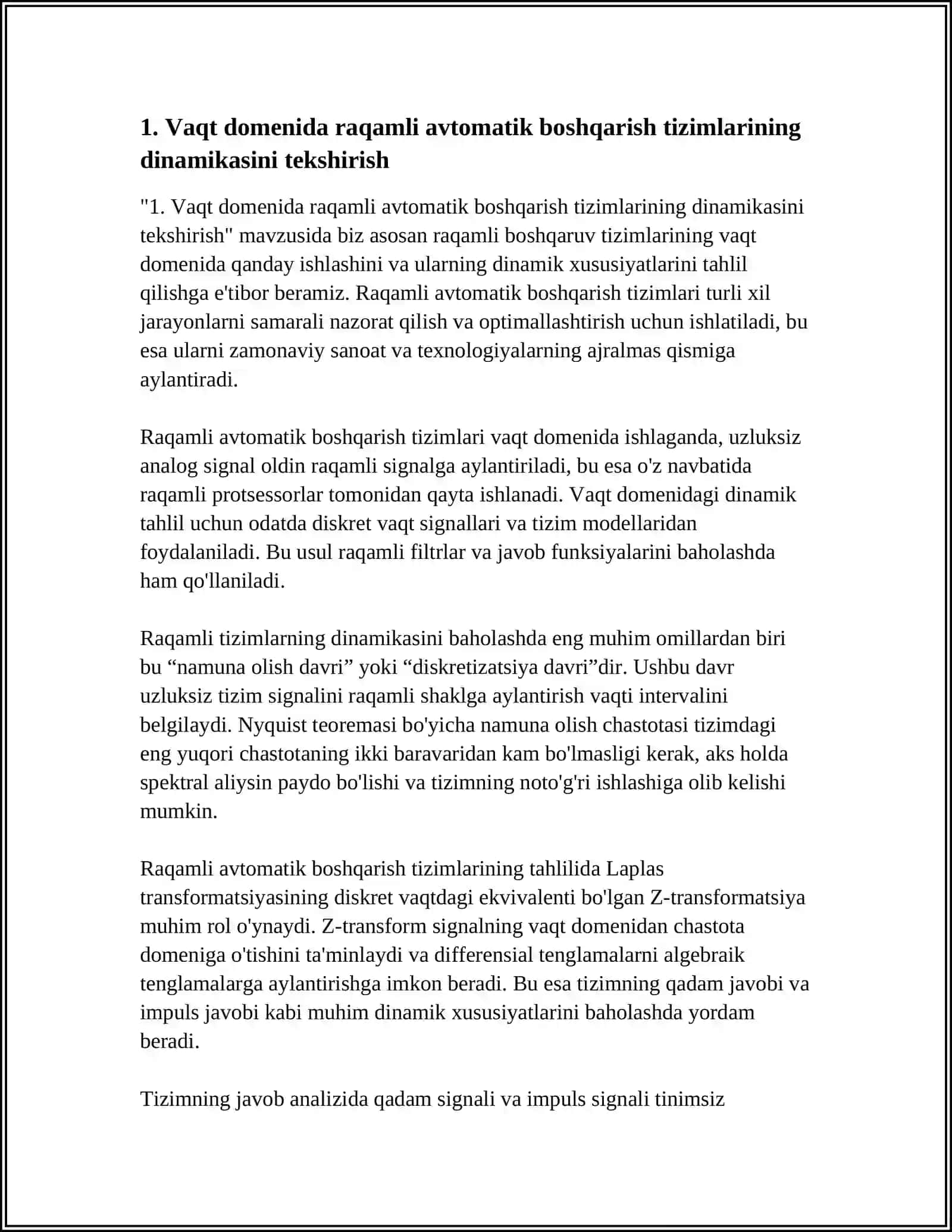 RAQAMLI AVTOMATIK BOSHQARISH SISTEMALARINING DINAMIKASIN TEKSHIRISH 4