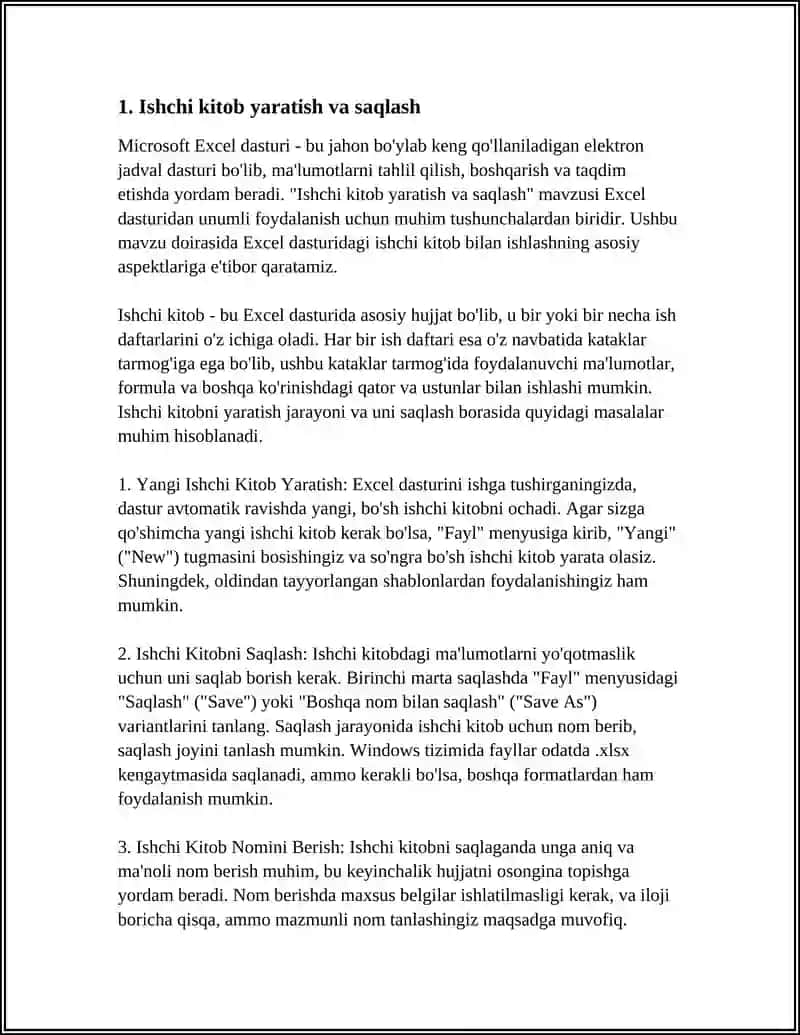 MICROSOFT EXCEL DASTURI ISHCHI KITOBI YARATISH VA TAHRIRLASH 4