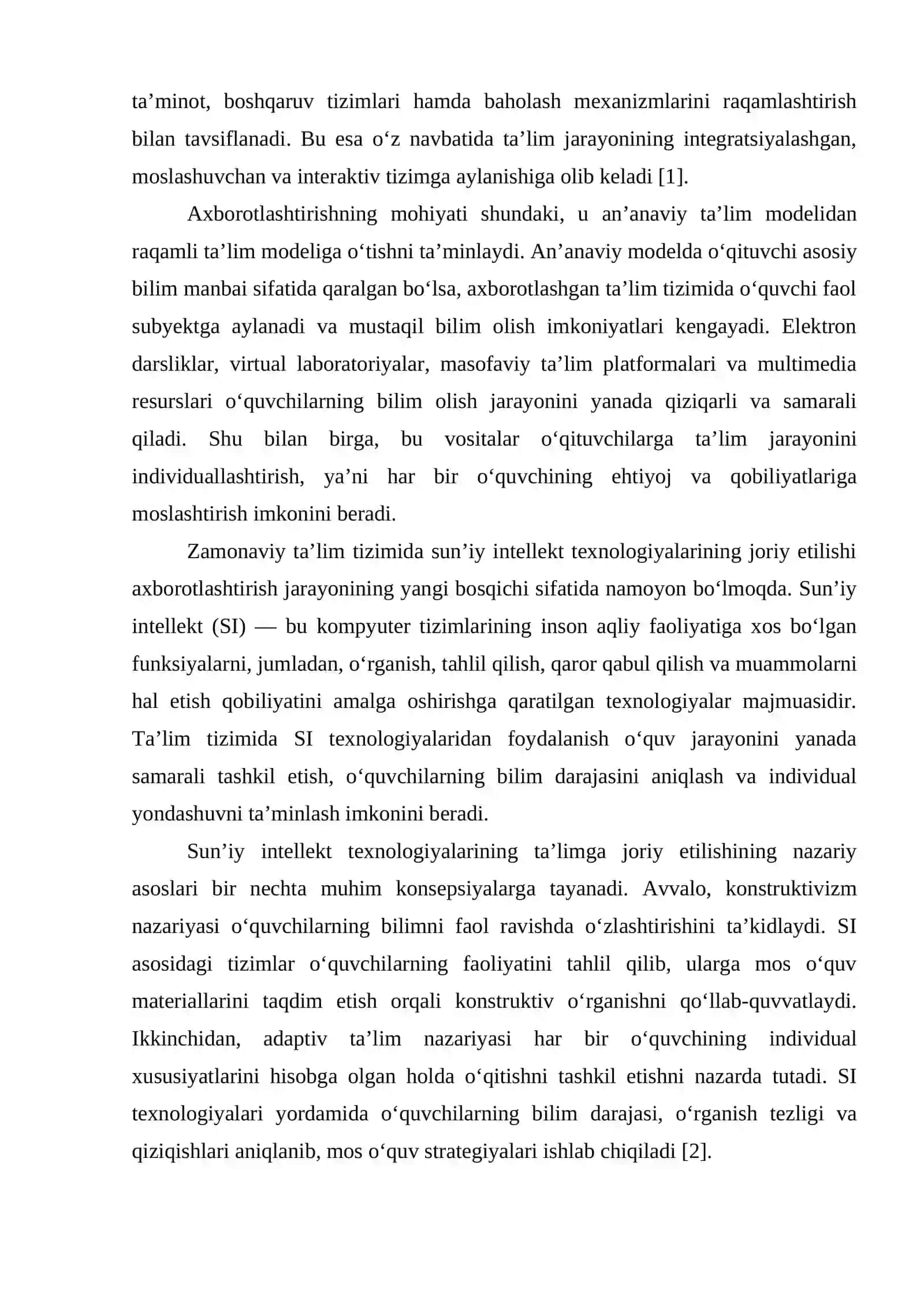 TA’LIMNI AXBOROTLASHTIRISHNING MAZMUNI, MOHIYATI VA SUN’IY INTELLEKT TEXNOLOGIYALARINI JORIY ETISHNING NAZARIY ASOSLARI. 4